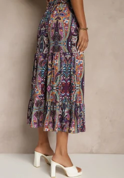 Fioletowa Spódnica z Wiskozy Ozdobiona Motywem Paisley Ellivae