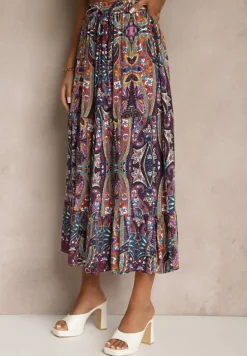 Fioletowa Spódnica z Wiskozy Ozdobiona Motywem Paisley Ellivae