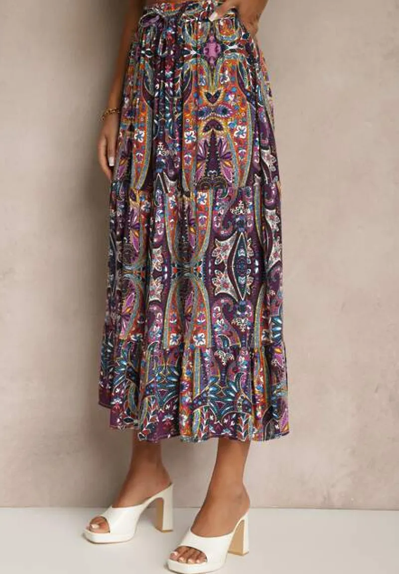 Fioletowa Spódnica z Wiskozy Ozdobiona Motywem Paisley Ellivae