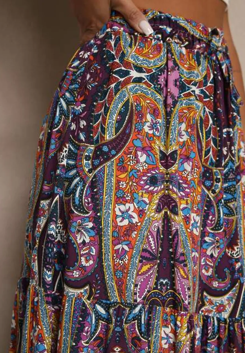 Fioletowa Spódnica z Wiskozy Ozdobiona Motywem Paisley Ellivae