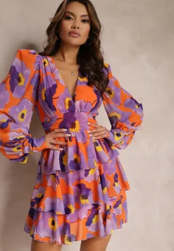 Fioletowa Sukienka Mini z Falbankami Baelyn