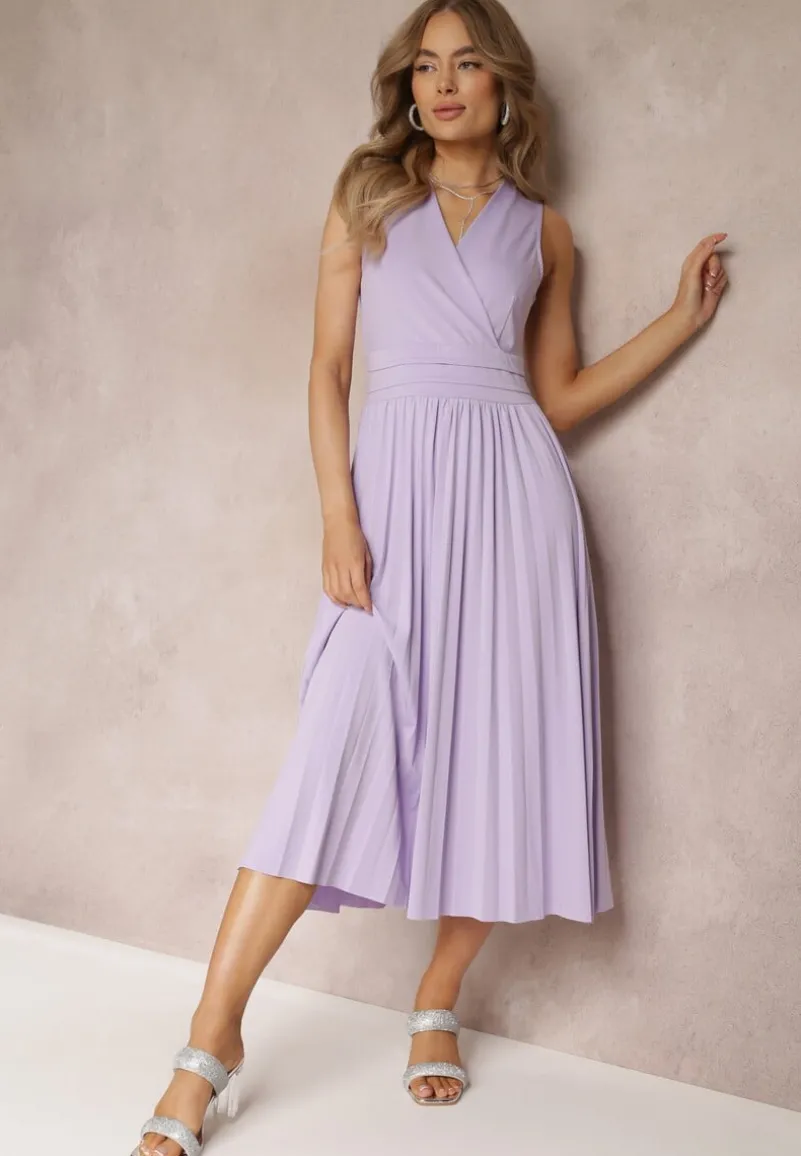 Fioletowa Sukienka z Kopertowym Dekoltem i Plisowanym Dołem Anamarie