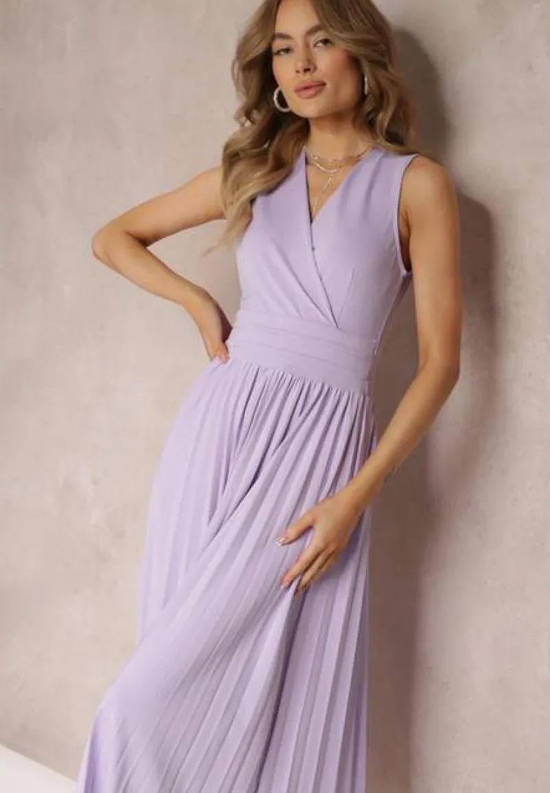 Fioletowa Sukienka z Kopertowym Dekoltem i Plisowanym Dołem Anamarie