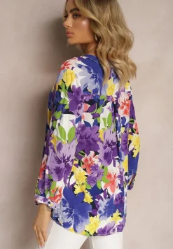 Fioletowa Wiskozowa Bluzka z Guzikami Przy Dekolcie w Kwiaty Kleddia