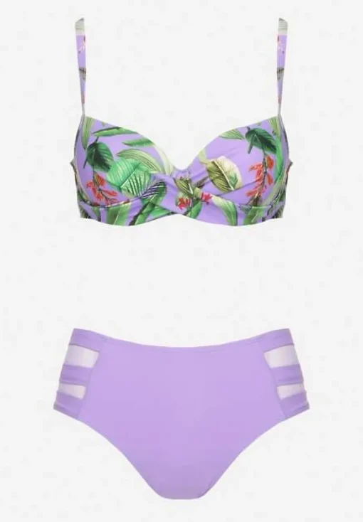 Fioletowe Bikini Biustonosz w Liście i Majtki Figi z Siateczkowymi Wstawkami Kinalea