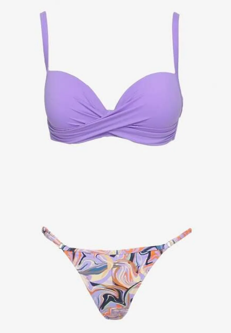 Fioletowe Bikini Biustonosz na Cienkich Ramiączkach z Regulacją i 2 Pary Majtek z Wiązaniem i Regulacją Pammarie