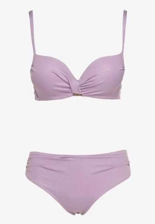 Fioletowe Bikini Majtki Typu Figi i Biustonosz z Usztywnianymi Miseczkami oraz Marszczeniem Jonbia