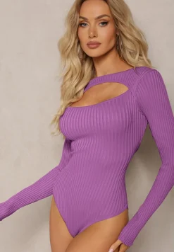 Fioletowe Body Prążkowane z Wycięciem na Dekolcie Kisse