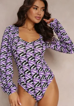 Fioletowe Body z Długim Rękawem i Mozaikowym Wzorem Khala