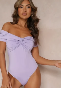 Fioletowe Body z Ozdobnymi Rękawami i Hiszpańskim Dekoltem Joanlo