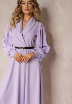 Fioletowe Body z Prążkowanej Tkaniny i Ozdobnymi Bufiastymi Rękawami Lenitte