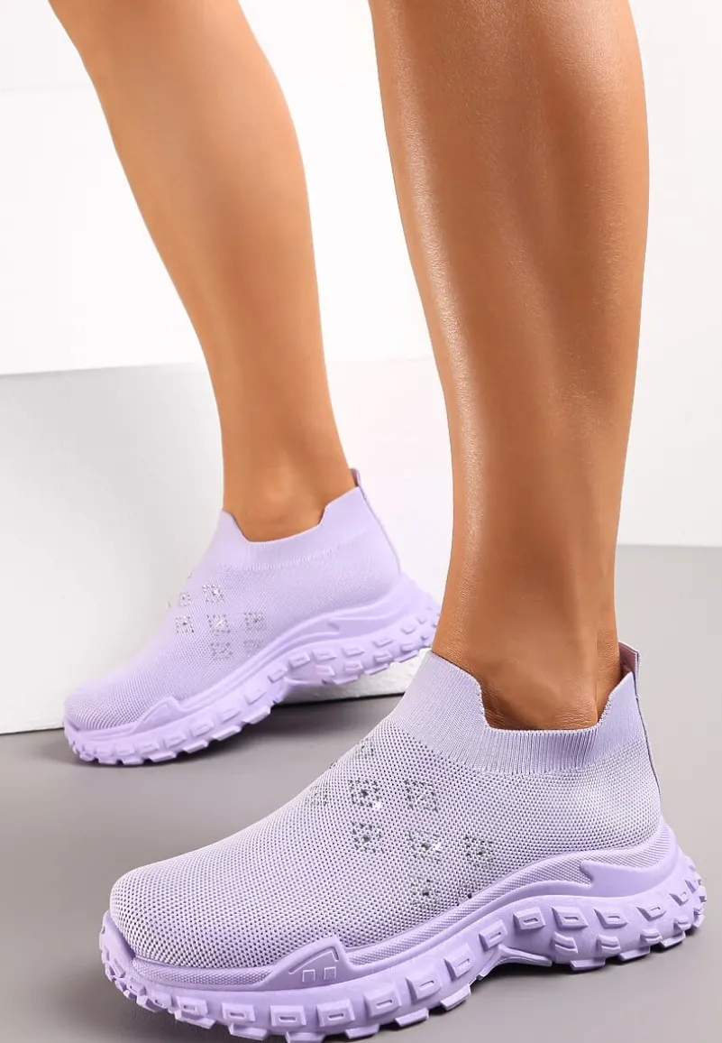 Fioletowe Buty Sportowe na Grubej Podeszwie z Elastyczną Cholewką z Cyrkoniami Kolby