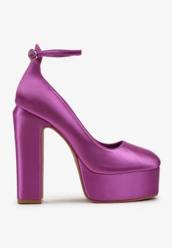 Fioletowe Czółenka Satynowe na Platformie i Słupku Enalae