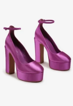 Fioletowe Czółenka Satynowe na Platformie i Słupku Enalae