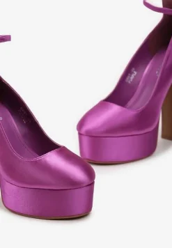 Fioletowe Czółenka Satynowe na Platformie i Słupku Enalae
