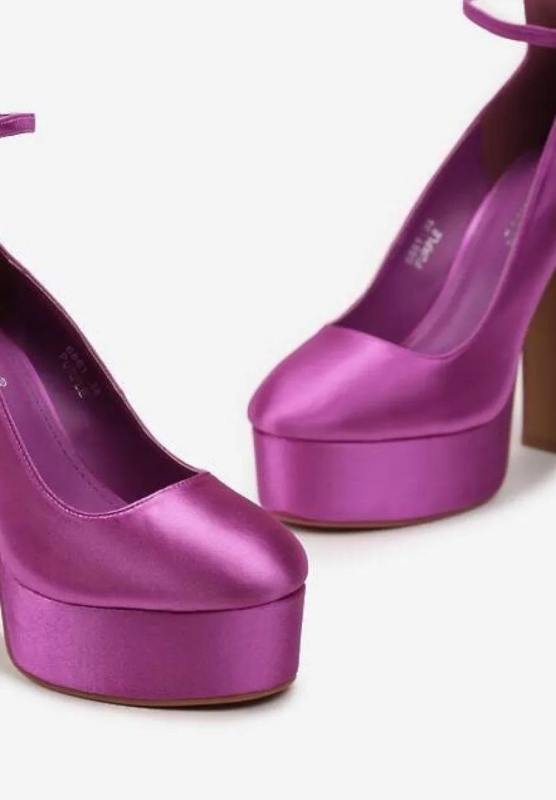 Fioletowe Czółenka Satynowe na Platformie i Słupku Enalae