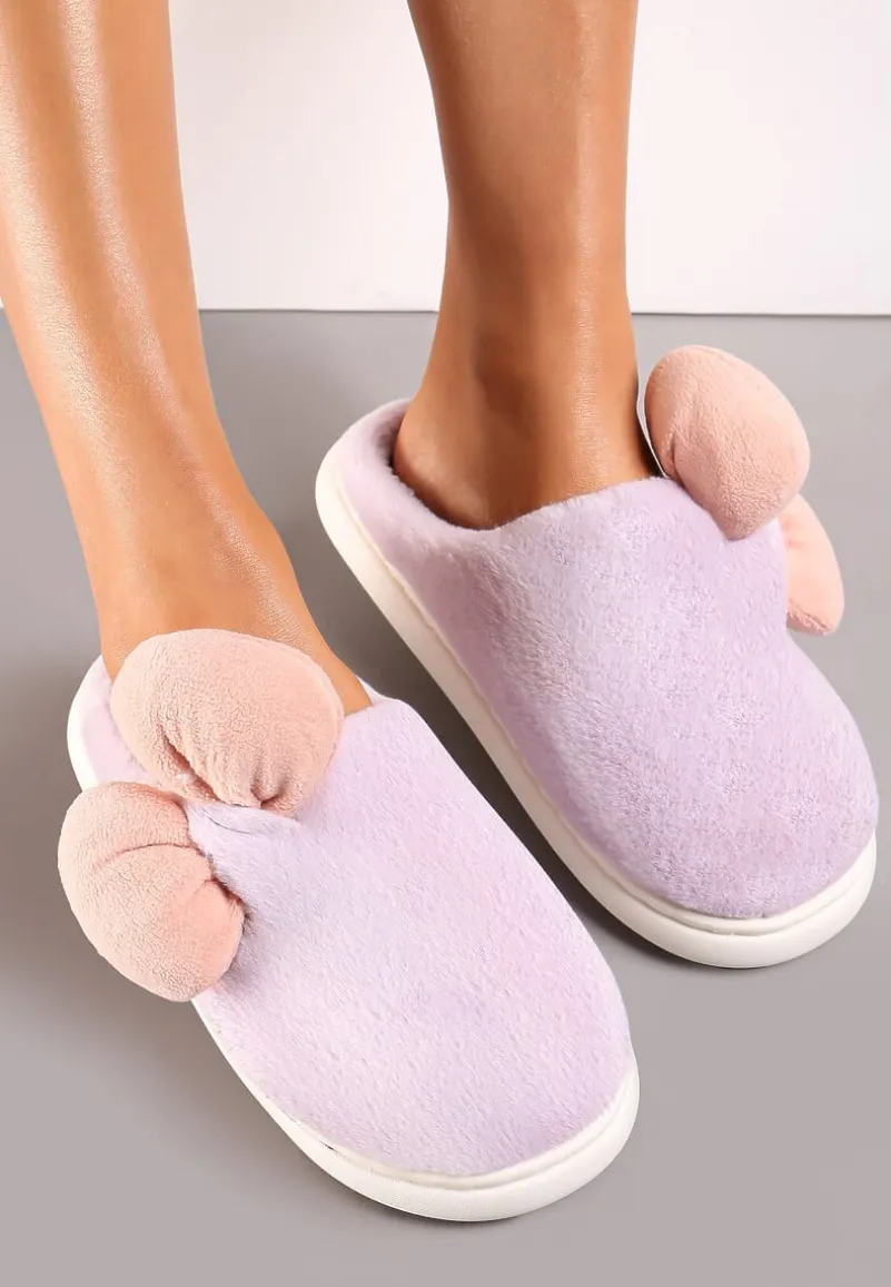 Fioletowe Futerkowe Kapcie z Pluszową Kokardką Vlemona
