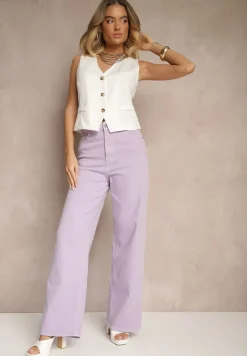 Fioletowe Jeansy High Waist o Szerokim Kroju Silseli