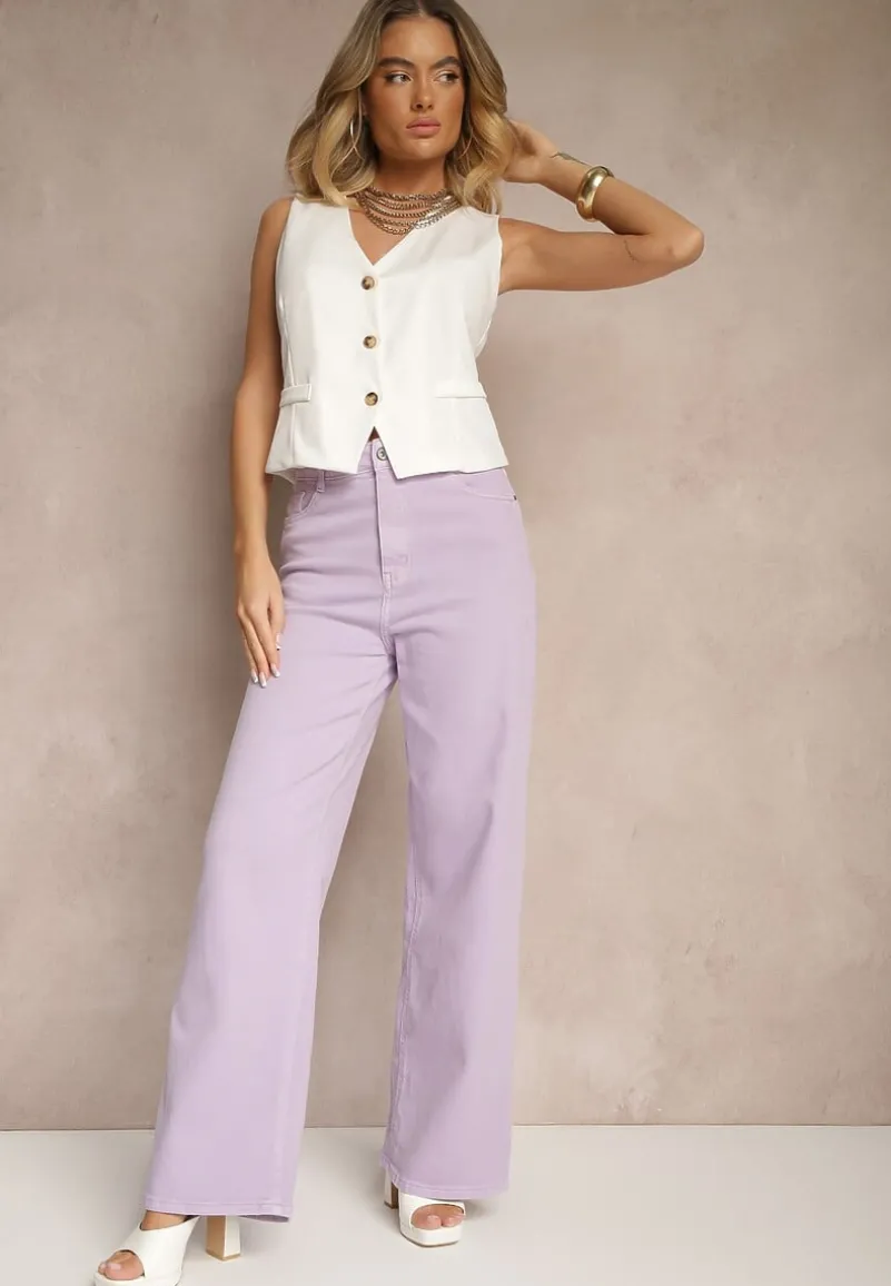 Fioletowe Jeansy High Waist o Szerokim Kroju Silseli