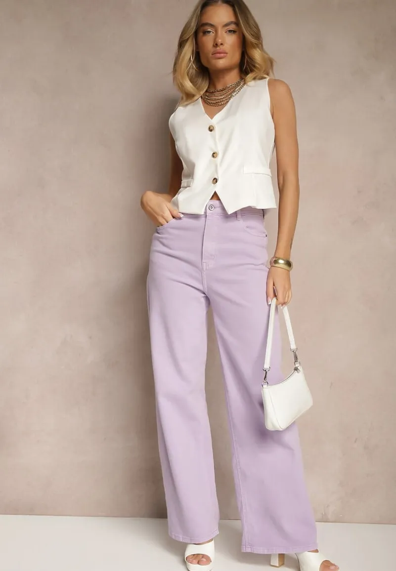 Fioletowe Jeansy High Waist o Szerokim Kroju Silseli