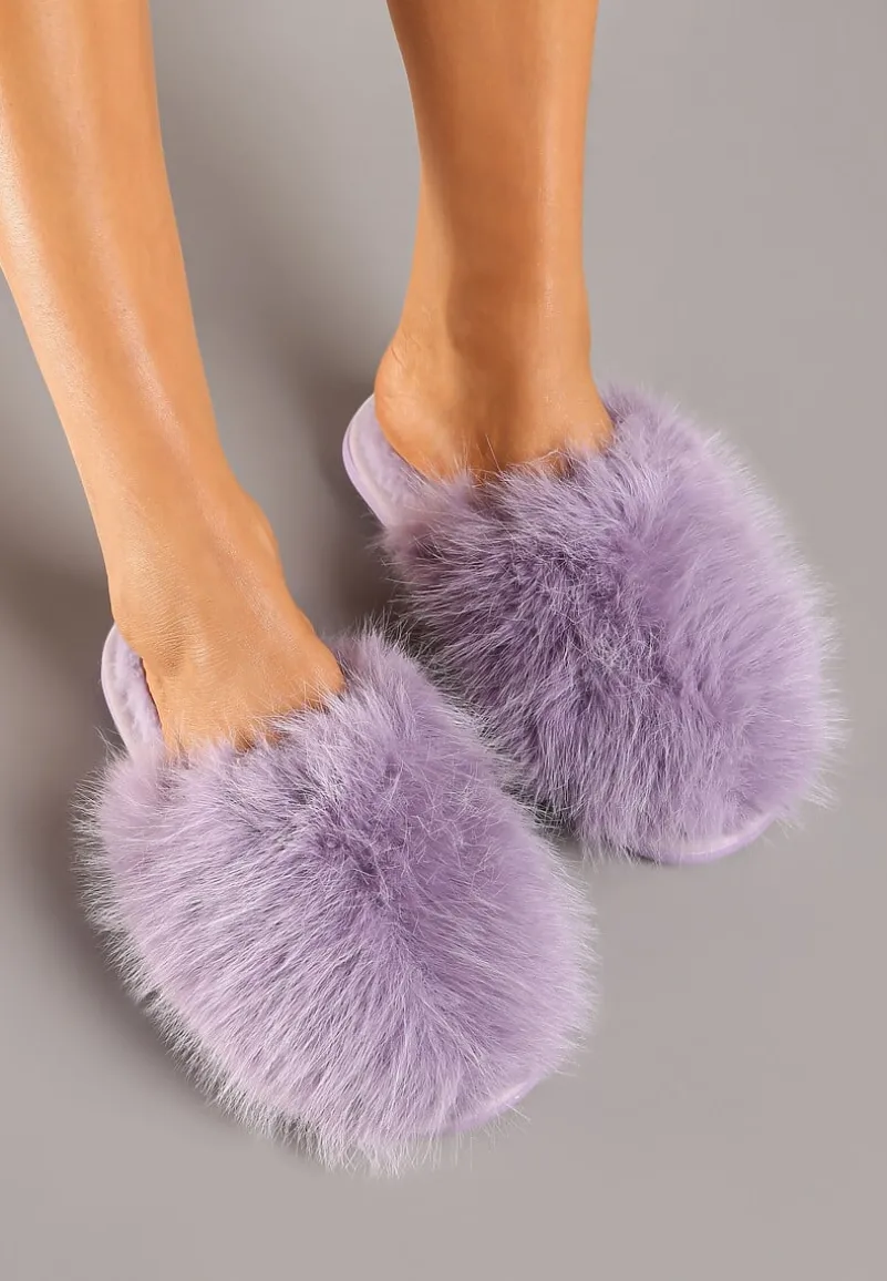 Fioletowe Kapcie na Płaskiej Podeszwie z Futerkiem Nelorian