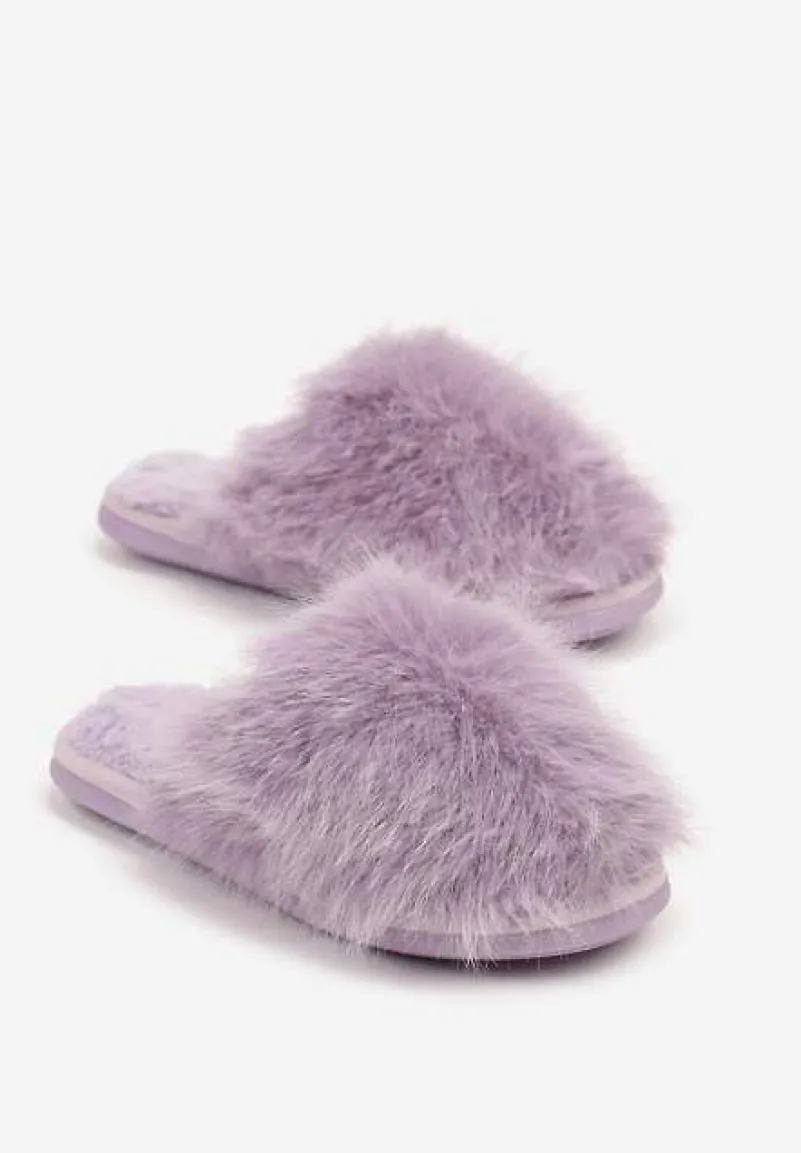 Fioletowe Kapcie na Płaskiej Podeszwie z Futerkiem Nelorian