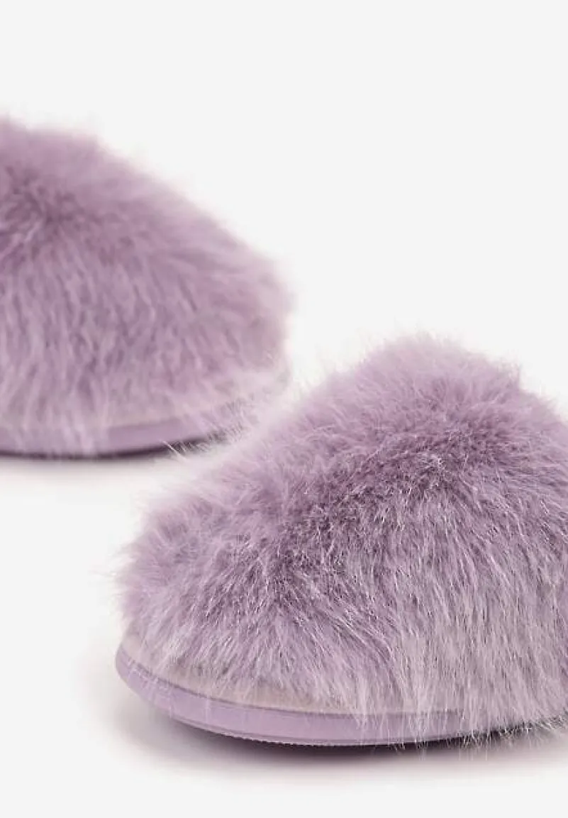 Fioletowe Kapcie na Płaskiej Podeszwie z Futerkiem Nelorian