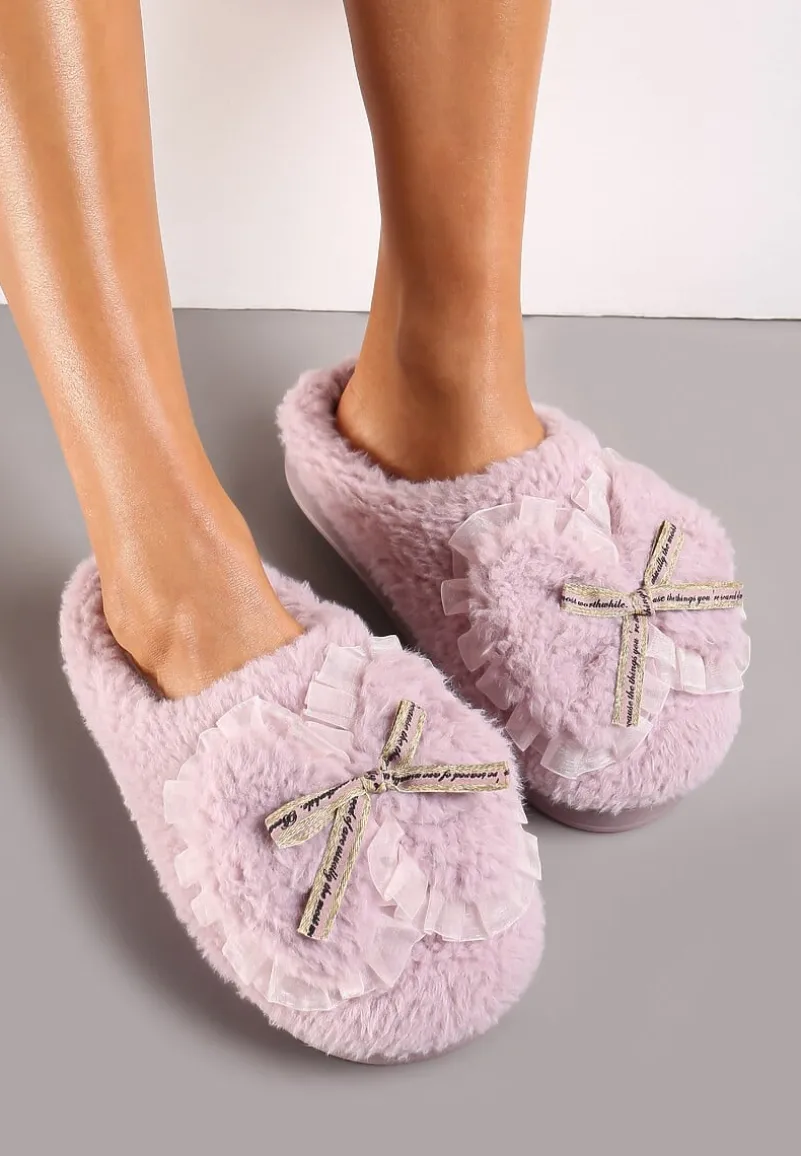 Fioletowe Kapcie z Futerka Ozdobione Kokardką Nuvimes