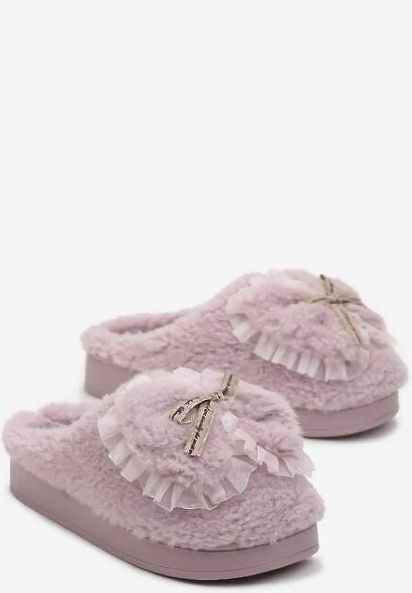 Fioletowe Kapcie z Futerka Ozdobione Kokardką Nuvimes
