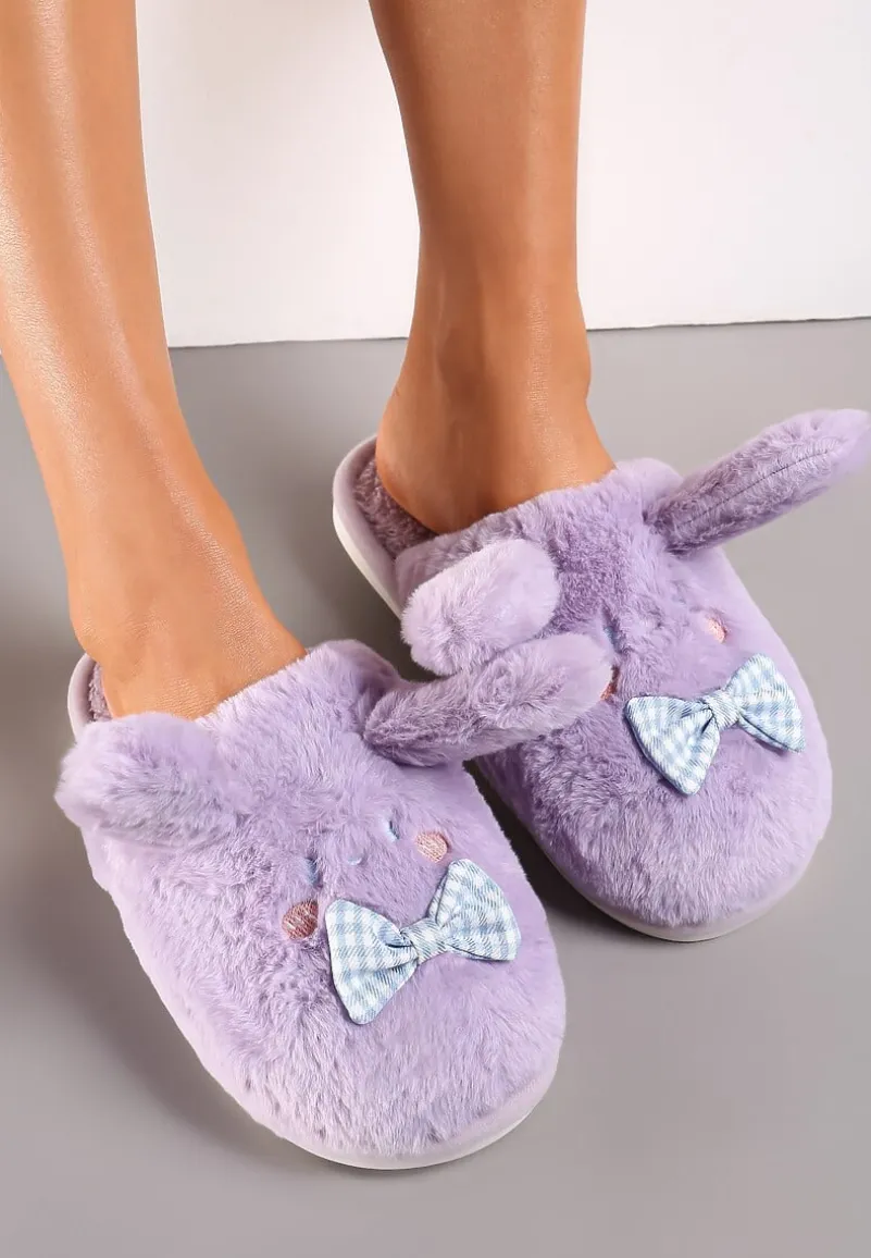 Fioletowe Kapcie ze Sztucznego Futerka i Króliczymi Uszami i Kokardą Temiha