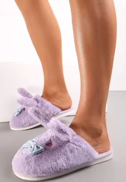 Fioletowe Kapcie ze Sztucznego Futerka i Króliczymi Uszami i Kokardą Temiha