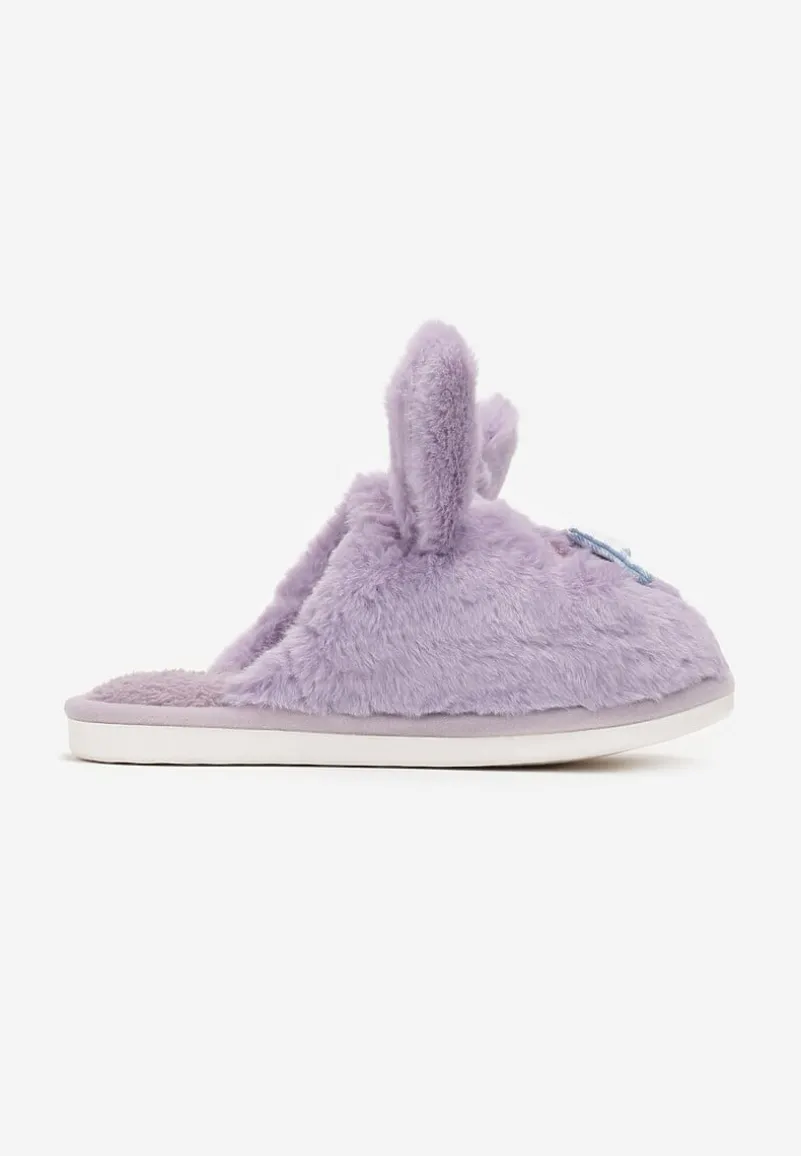 Fioletowe Kapcie ze Sztucznego Futerka i Króliczymi Uszami i Kokardą Temiha