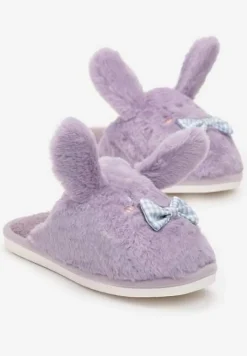 Fioletowe Kapcie ze Sztucznego Futerka i Króliczymi Uszami i Kokardą Temiha