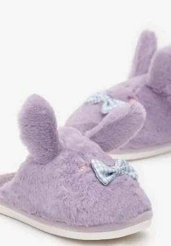 Fioletowe Kapcie ze Sztucznego Futerka i Króliczymi Uszami i Kokardą Temiha
