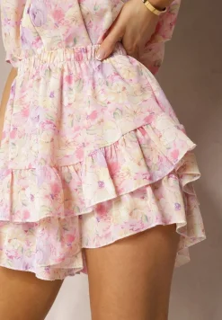 Fioletowe Spódnico-Szorty High Waist z Gumką w Pasie i Falbanką Gleiana