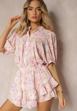 Fioletowe Spódnico-Szorty High Waist z Gumką w Pasie i Falbanką Gleiana