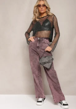 Fioletowe Szerokie Jeansy Ozdobione Efektem Sprania Oluva