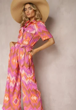 Fioletowo-Pomarańczowy Kombinezon z Koszulową Górą Gumką w Talii i Materiałowym Paskiem Tlarion