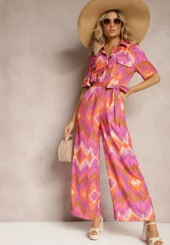 Fioletowo-Pomarańczowy Kombinezon z Koszulową Górą Gumką w Talii i Materiałowym Paskiem Tlarion