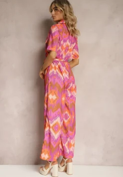 Fioletowo-Pomarańczowy Kombinezon z Koszulową Górą Gumką w Talii i Materiałowym Paskiem Tlarion