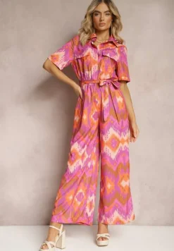 Fioletowo-Pomarańczowy Kombinezon z Koszulową Górą Gumką w Talii i Materiałowym Paskiem Tlarion