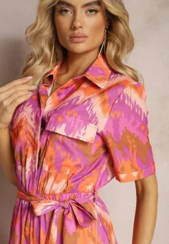 Fioletowo-Pomarańczowy Kombinezon z Koszulową Górą Gumką w Talii i Materiałowym Paskiem Tlarion