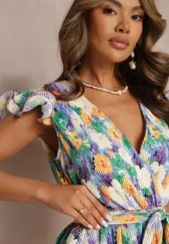 Fioletowo-Zielony Kwiecisty Kombinezon z Krótkimi Nogawkami i Materiałowym Paskiem Iljana