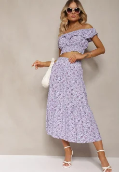 Fioletowy 2-częściowy Komplet Bawełniany z Topem i Długą Spódnicą w Kwiaty Agnda
