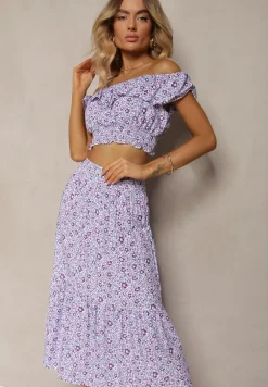 Fioletowy 2-częściowy Komplet Bawełniany z Topem i Długą Spódnicą w Kwiaty Agnda