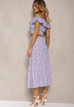 Fioletowy 2-częściowy Komplet Bawełniany z Topem i Długą Spódnicą w Kwiaty Agnda