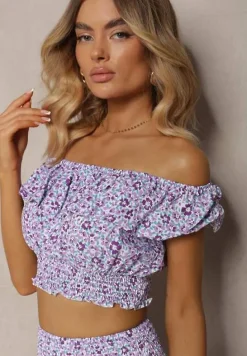 Fioletowy 2-częściowy Komplet Bawełniany z Topem i Długą Spódnicą w Kwiaty Agnda