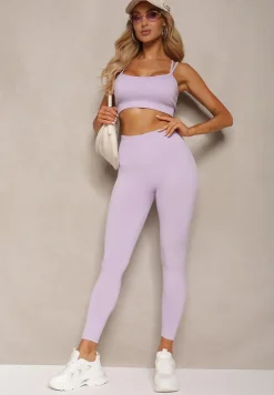 Fioletowy Elastyczny Komplet Fitness Usztywniany Biustonosz i Legginsy z Gumką Orbinra