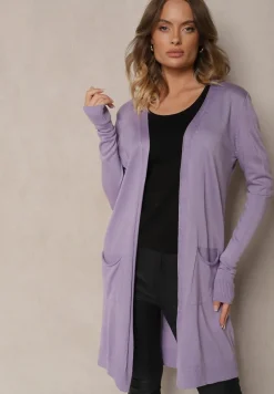 Fioletowy Kardigan Bez Zapięć o Prostym Kroju ze Wsuwanymi Kieszonkami Torinia