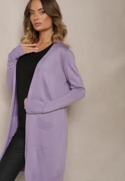 Fioletowy Kardigan Bez Zapięć o Prostym Kroju ze Wsuwanymi Kieszonkami Torinia